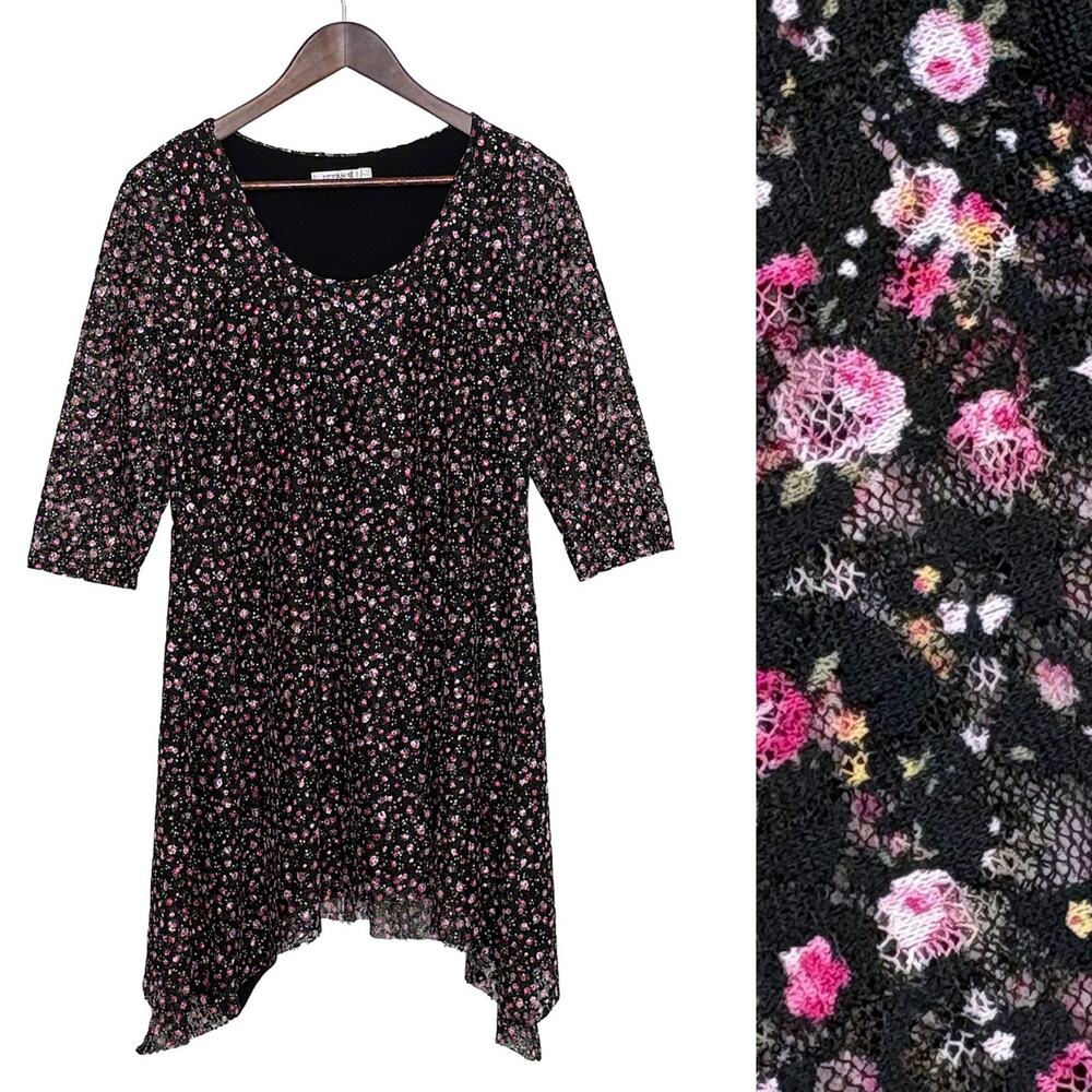 Y2K Ditsy Floral Tunic Dress Sz M Black Pink 3/4 Sleeve Asymmetrical Mesh Layer